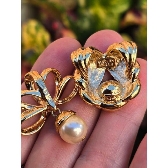 2 Vintage Nolan Miller Gold Tone Slider Pendants, Faux Topaz and Pearl - Picture 5 of 6